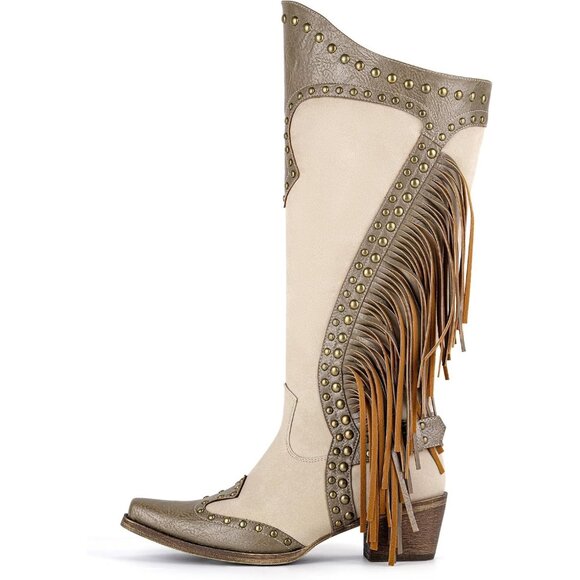 ⚡Women's Tan Tassels Under the Knee High Boots Studded Zip Up Faux Leather - Picture 1 of 7